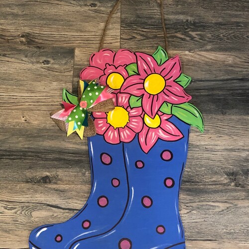 Spring Flowers Door Hanger Rain Boots Spring Door Sign Door Etsy