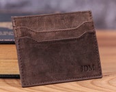 Personalized Slim Card Wallet, RFID, Distressed Full Grain Leather, Front Pocket, Custom Monogram Initials, Gift for Him, Anniversary Gift