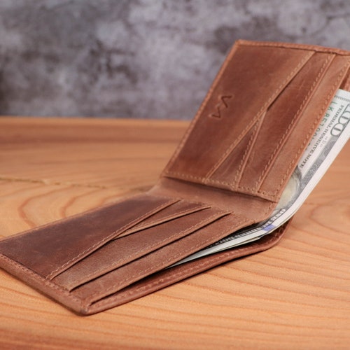 Personalized Slim Men's Wallet Full Grain Leather, Monogram Initials, Bifold RFID, Rustic, Distressed, Anniversary, Boyfriend Gift, for Dad