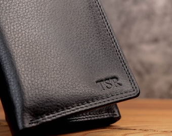 Personalized Men's Trifold Wallet, Top Grain Leather, Embossed Monogram Initials, Custom Wallet, Anniversary Christmas Gift, Gift for Dad