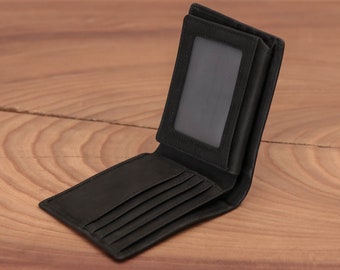 Full Grain Leather Bifold Wallet with ID Window - Personalized Engraving