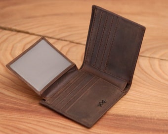 Personalized Leather Bifold Mens Wallet: Crazy Horse Leather, Initials Engraving