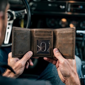 Personalized Full Grain Leather Mens Trifold Wallet: Initials and Inside Engraving