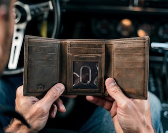 Personalized Full Grain Leather Mens Trifold Wallet: Initials and Inside Engraving