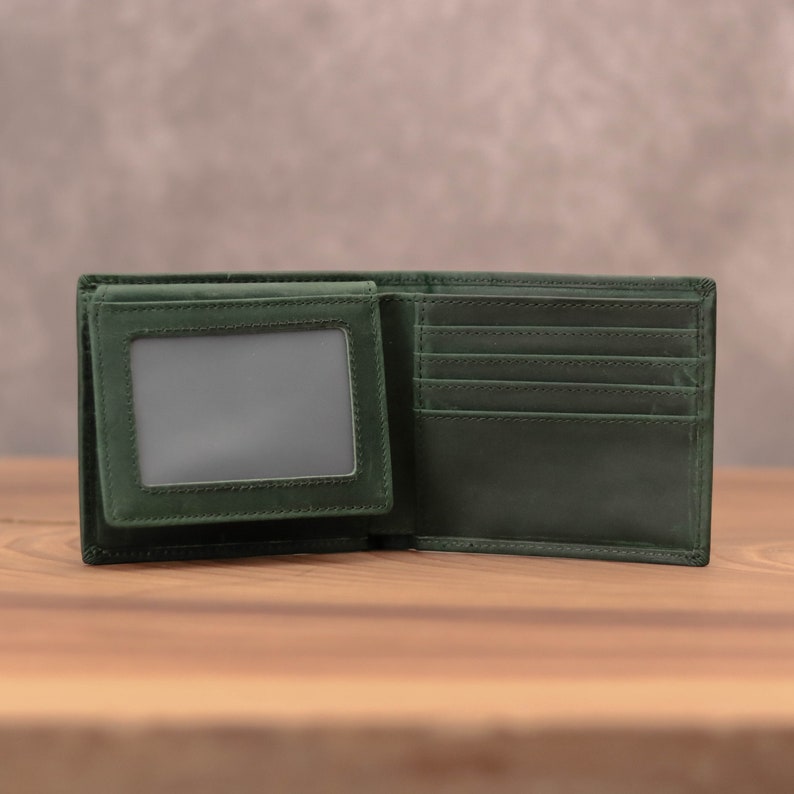 Full Grain Leather Bifold Men's Wallet ID window, Personalized Initials Engraving, Father's day Gift, Boyfriend, Husband Anniversary gift Green