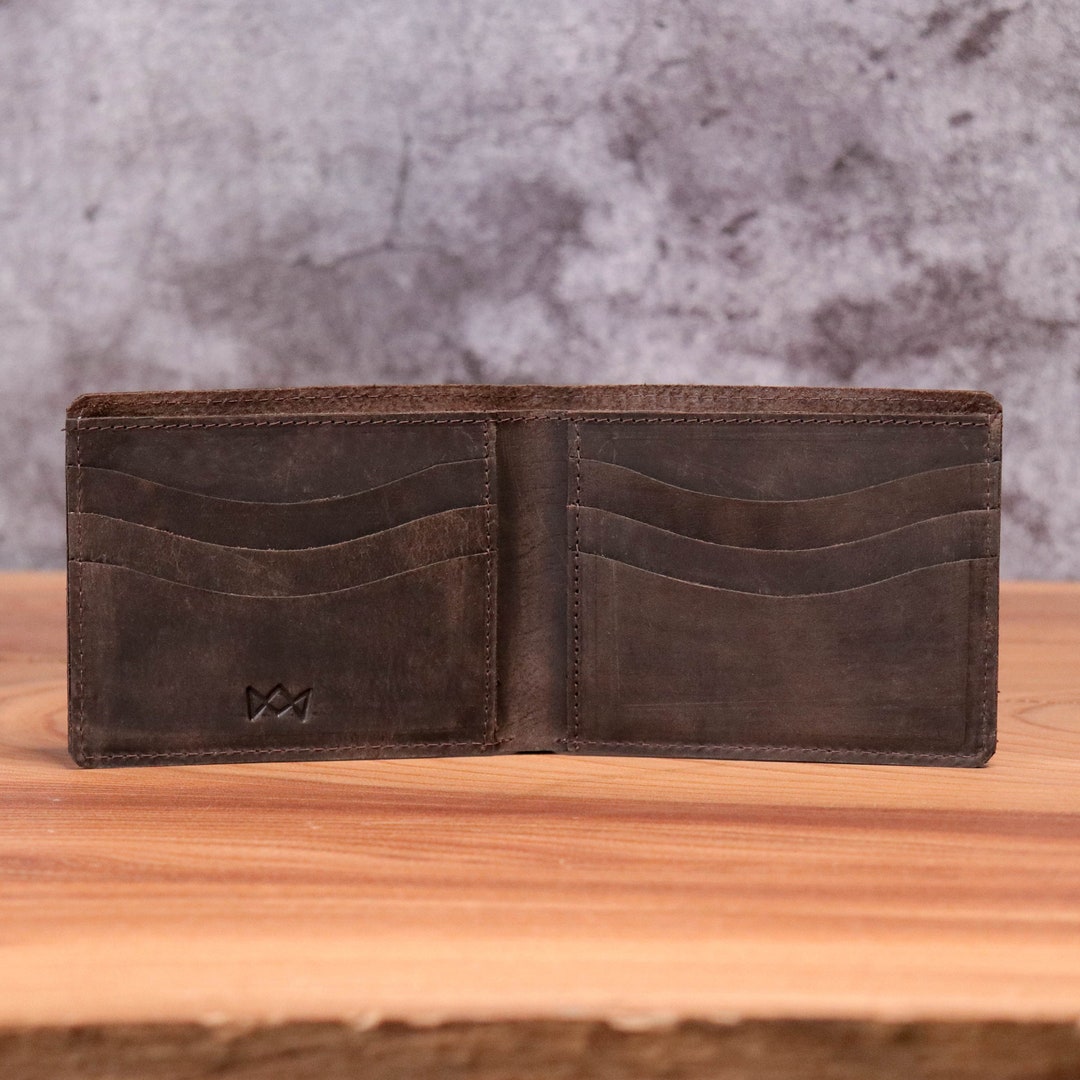 Personalized Full Grain Leather Wallet Custom Embossed Initials / Engraving, Bifold Rustic Brown