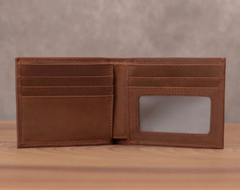 Full Grain Leather Bifold Wallet with ID Window - Personalized Engraving