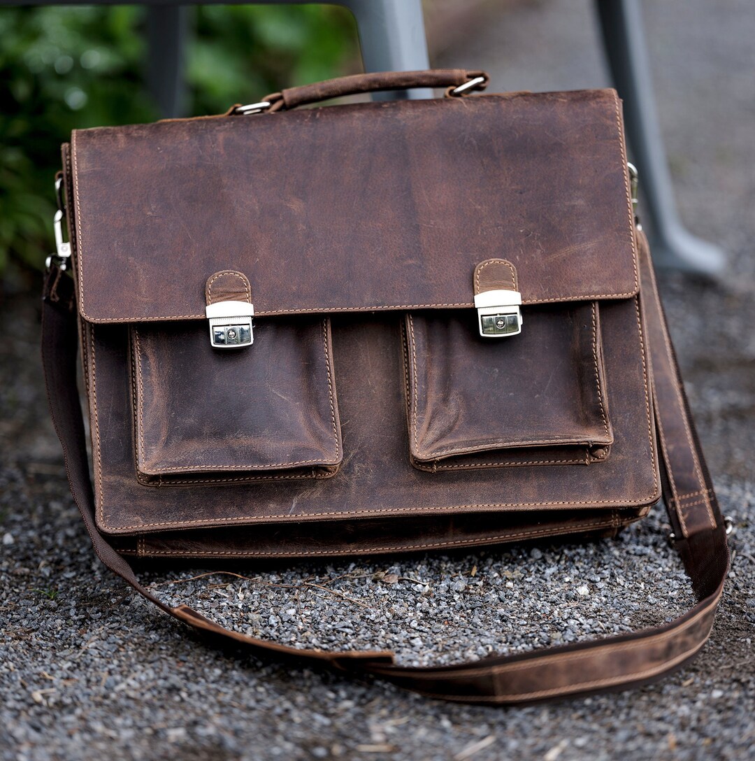 Full Grain Leather Messenger Bag, 15 Inch Leather Briefcase, Distressed
