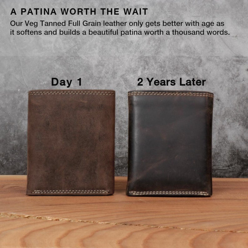 May include: Two leather wallets side-by-side, showcasing the aging process. The left wallet is a lighter brown, labeled "Day 1." The right wallet, "2 Years Later," is a darker, richer brown, demonstrating the patina. The text reads "A Patina Worth the Wait."
