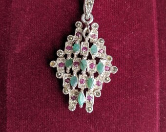 Sterling Silver Emerald and Ruby Stones rectangular shape pendant