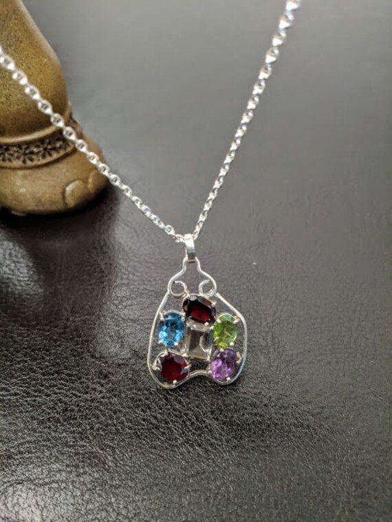 Multi color stone, Sterling Silver Pendent with a chain 10 x 10 = 20" -Garnet, Topaz, Blue Topaz, peridot, Amethyst -FREE SHIPPING