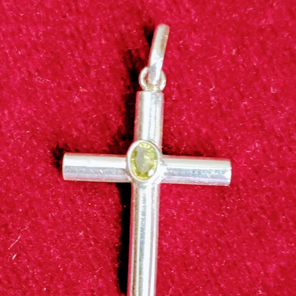 Sterling Silver Cross Religious Pendent with a Green Garnet stone