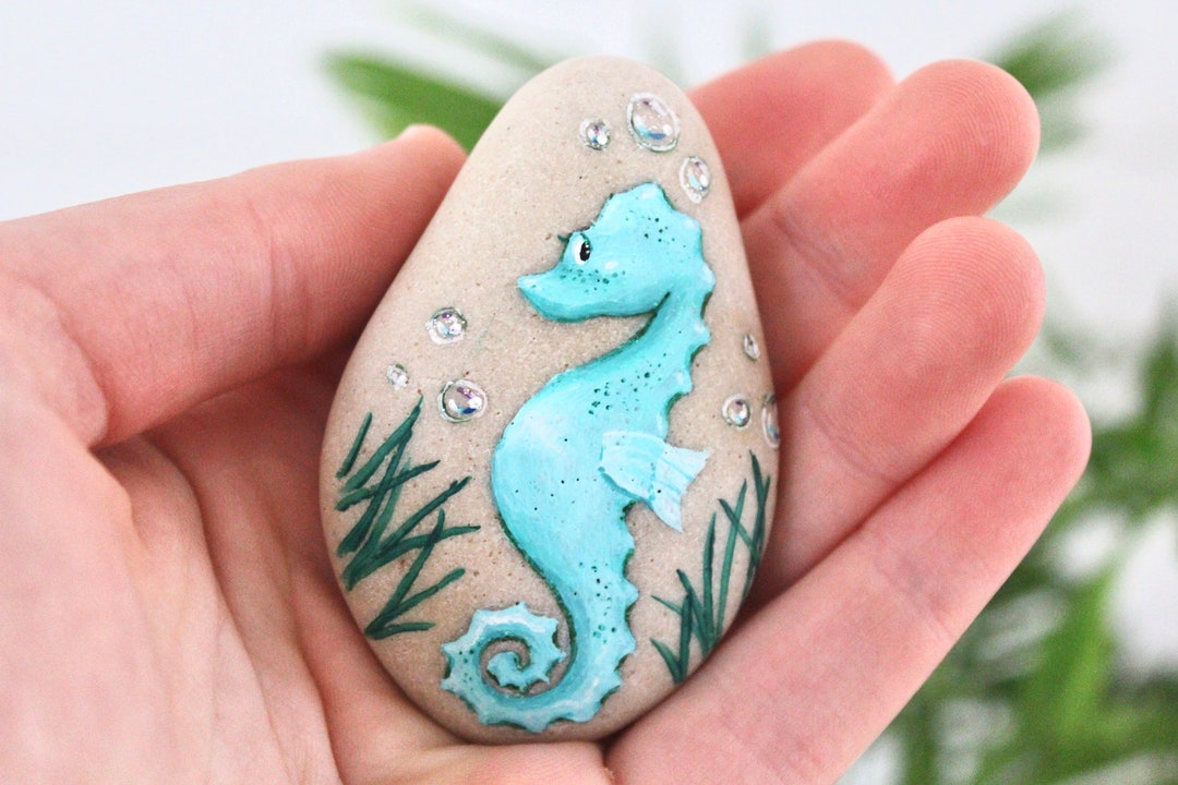 Hand Painted Stone, Cute Seahorse and Bubbles Rock Painting Underwater ...