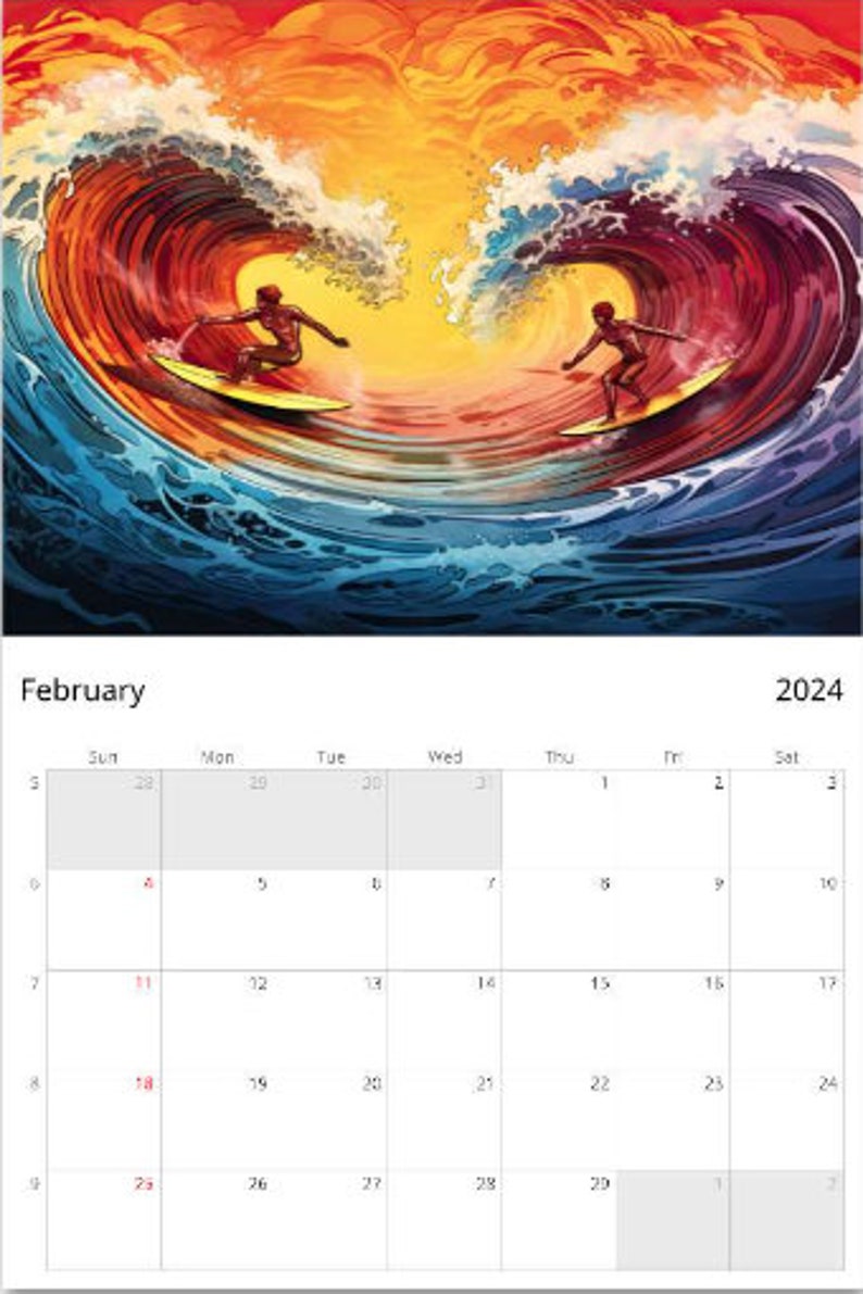 2024 Surfing Wall Calendar Etsy