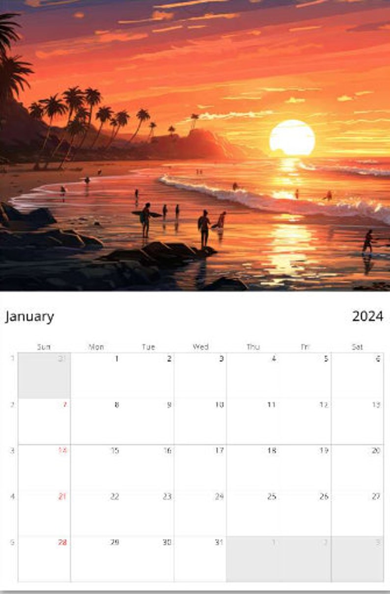 2024 Surfing Wall Calendar Etsy