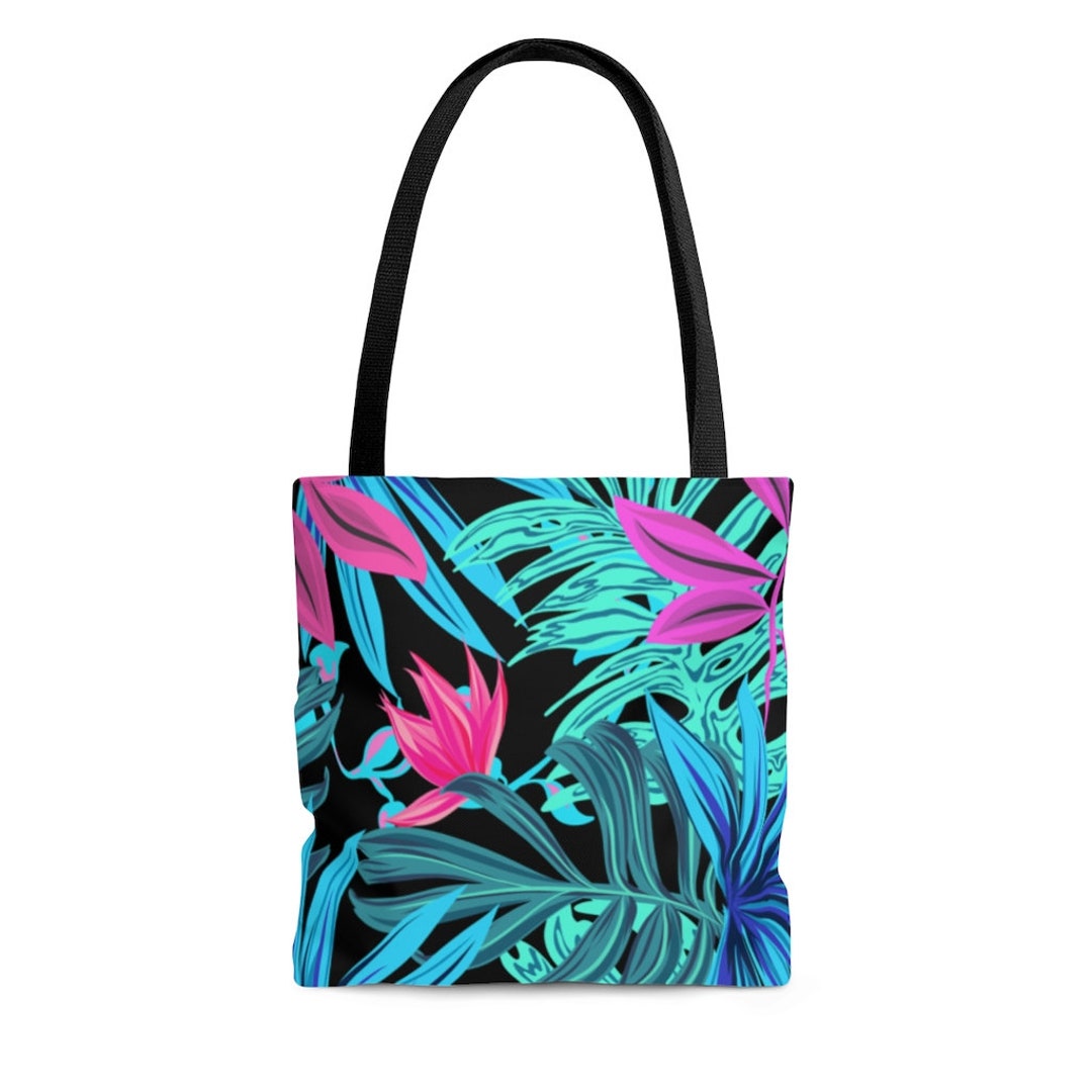Neon Tropical Leaves Blue Green Pink on Black Tote Bag - Etsy