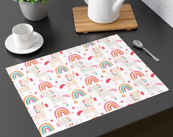 Unicorns and Rainbows on White 100% Cotton Placemat 18" x 14" Printed on One Side