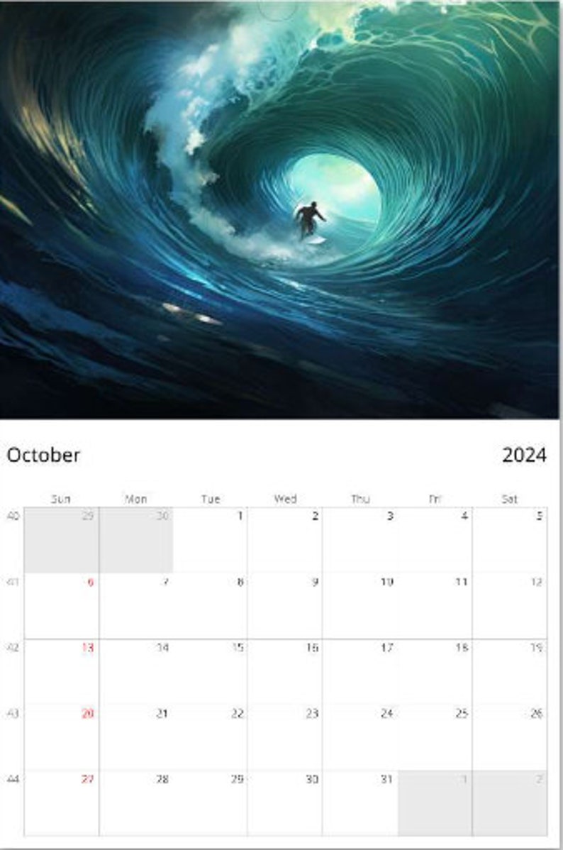 2024 Surfing Wall Calendar Etsy