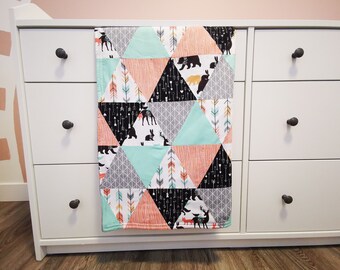 Oh Deer Baby Girl Baby Triangle Quilt Blanket with Minky Backing, Handmade Newborn Blanket, Woodland Nursery Crib Blanket, Baby Bedding