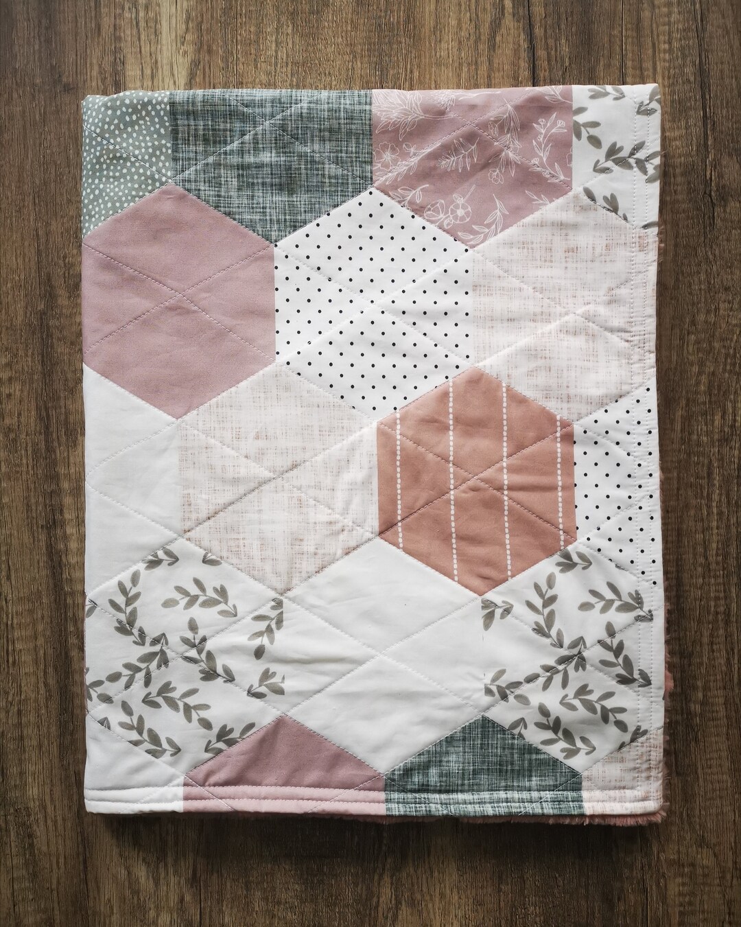 Hexagon Floral Baby Girl Blanket Quilt With Fur Backing, Baby Gift