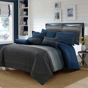 Striped Cotton Duvet Cover Set: Blues & Grays - Single, Double, Queen, King