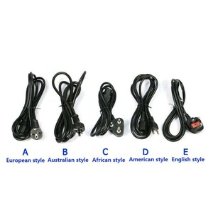 May include: Five black power cords with different plug styles are displayed against a white background. The cords are labeled A through E, with descriptions including European, Australian, African, American, and English styles. The cords are coiled.