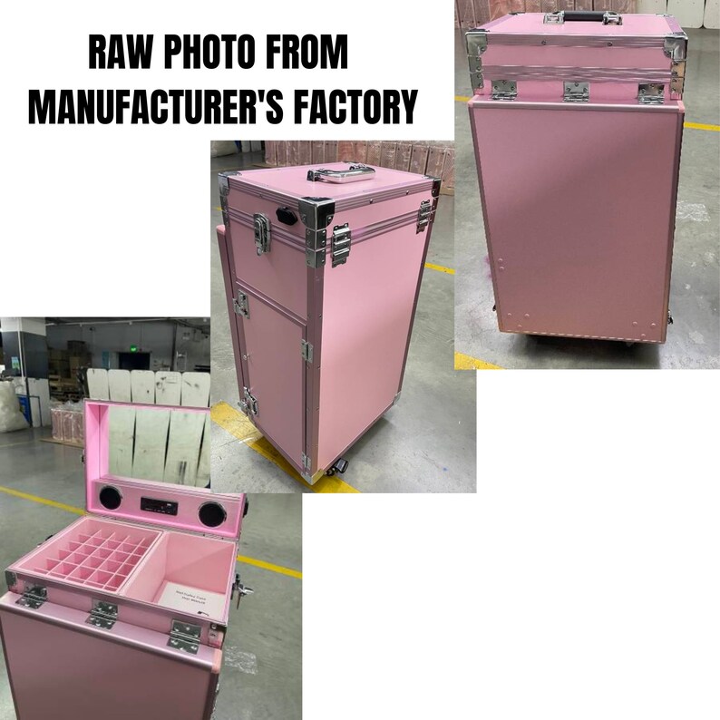 May include: A pink rolling makeup case with silver hardware and a handle. The case has multiple compartments and drawers, and the text "RAW PHOTO FROM MANUFACTURER'S FACTORY" is visible at the top.