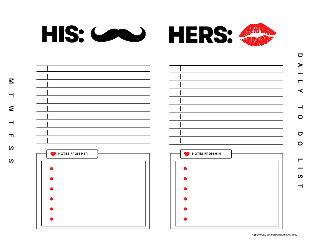 His and Hers Minimalist Daily Planner Printable Lists, Planner List