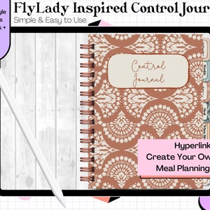May include: A digital planner with a brown and white patterned cover. The cover has the text "Control Journal" on it. The planner has hyperlinked tabs, allows you to create your own zones, and includes a meal planning section.