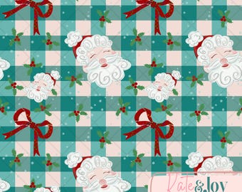 Country Christmas Santa Seamless Repeating Pattern | PNG | 300 DPI | Gingham Holiday Tree Lights Bow | Nostalgic Xmas