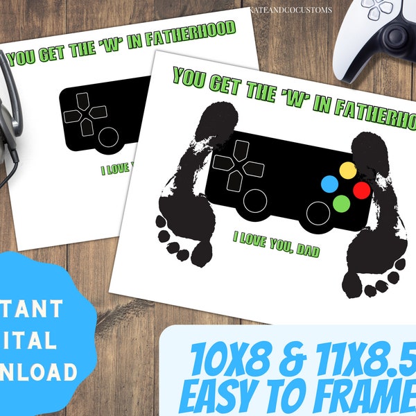 Gamer Dad Fathers Day Gift Footprint Card Craft Idea, Video Gaming Daddy Handprint Art Preschool Controller Toddler, COD, Easy Printable