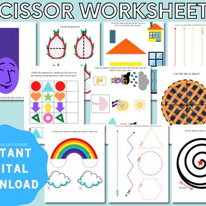 Scissor Practice Worksheets, Cutting Printable Pages Kindergarten Preschool, Fine Motor Skills Printables Workbook PDF, Homeschool Activity