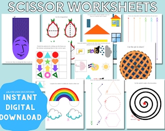 Scissor Practice Worksheets, Cutting Printable Pages Kindergarten Preschool, Fine Motor Skills Printables Workbook PDF, Homeschool Activity