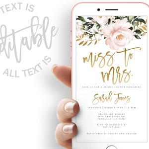 Blush Floral Bridal Shower Evite Miss To Mrs Bridal Shower Electronic Invitation Pink And Gold Bridal Shower Electronic Invite Miss To Mrs