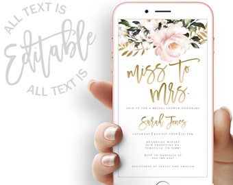 Blush Floral Bridal Shower Evite Miss To Mrs Bridal Shower Electronic Invitation Pink And Gold Bridal Shower Electronic Invite Miss To Mrs