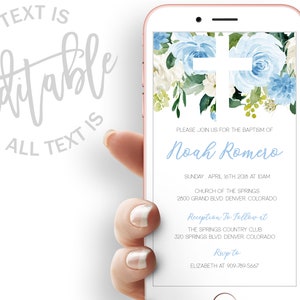Blue Floral Baptism Evite Boy Baptism Electronic Invitation Christening Electronic Invite Blue Digital Invite Dedication Floral Evite
