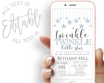May include: A blue and silver baby shower invitation with a phone screen displaying the text "twinkle twinkle little star" and the details of the event. The text "Do you know how loved you are?" is also included. The event is for Bethany Hill and is scheduled for October 14th, 2019 from 2pm to 4pm at the Park Cafe. The address and RSVP information are also included.
