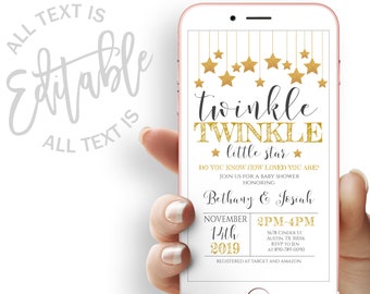 May include: A gold and white baby shower invitation with a smartphone mockup. The invitation features a gold glitter star design and the text "twinkle twinkle little star". The text also includes the date, time, and location of the baby shower, as well as the names of the parents-to-be, Bethany and Josiah.