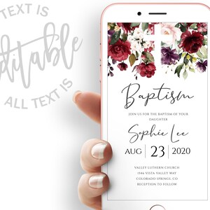Fall Floral Baptism Evite Girl Baptism Electronic Invitation Christening Electronic Invite Burgundy Digital Invite Dedication Evite
