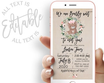 Pink Bear Baby Shower Evite Pink Floral Baby Shower Electronic Invitation Teddy Bear Baby Shower Electronic Invite Digital Invite