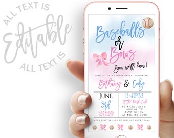 Baseball Or Bows Gender Reveal Party Evite Gender Reveal Party Electronic Invitation Blue And Pink Gender Reveal Digital Invite