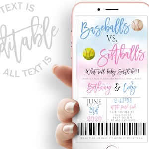 Op de afbeelding: Een blauwe en roze uitnodiging voor een gender reveal feest met een baseball en softball afbeelding. De tekst luidt "Baseballs vs. Softballs. What will baby Smith be?! Join us for a gender reveal honouring Bethany & Cody. June 3rd, 2020, 2-4PM at The Park Cafe, 5678 Cinder St., Austin, TX. RSVP to Jen at 890-789-0090. Wear pink or blue to support your team!"