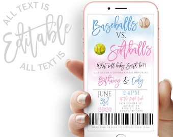 Baseball vs. Softbälle Gender Reveal Party Ticket Evite Gender Reveal Party Elektronische Invite Gender Reveal Baseball Ticket Digital Invite