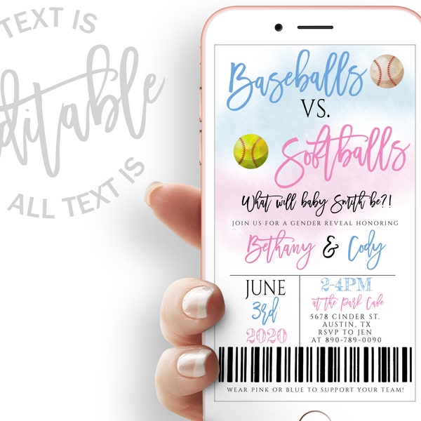 Baseball Vs. Softballs Gender Reveal Party Ticket Evite Gender Reveal Party Electronic Invite Gender Reveal Baseball Ticket Digital Invite