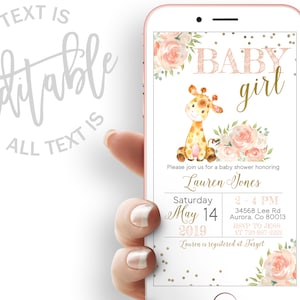 Giraffe Baby Shower Evite Baby Girl Baby Shower Electronic Invitation Floral Giraffe Baby Shower Electronic Invite Giraffe Digital Invite