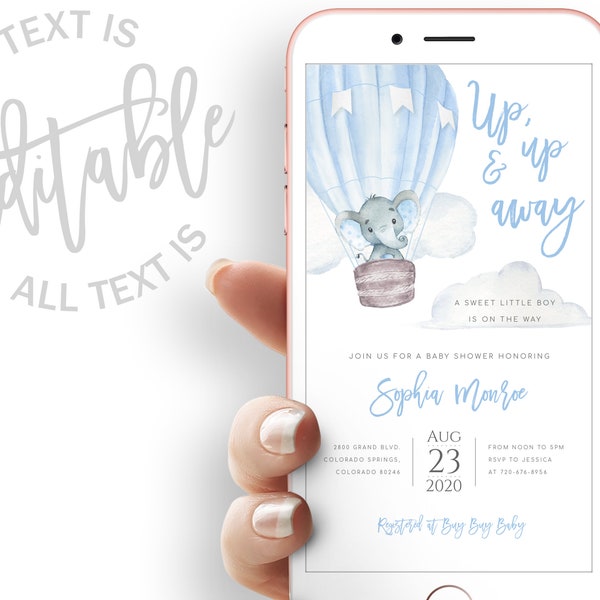 Blue Elephant Baby Shower Evite Up Up And Away Baby Shower Electronic Invitation Blue Hot Air Balloon Baby Shower Electronic Invite