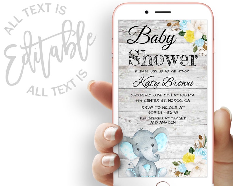 Elephant Baby Shower Evite Floral Baby Shower Electronic Etsy