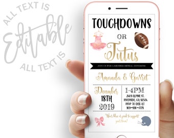 Touchdowns Or Tutus Gender Reveal Party Evite Gender Reveal Party Electronic Invitation Football Or Tutus Gender Reveal Digital Invite