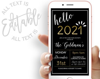 Hello 2021 Party Evite Gold New Years Electronic Invitation New Years Eve Party Electronic Invite Hello New Years Digital Invite