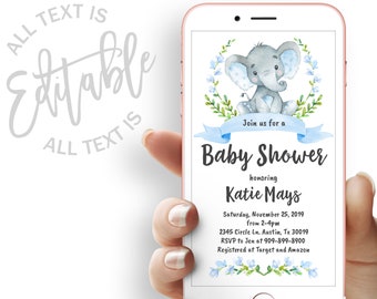 Blue Elephant Baby Shower Evite Floral Baby Shower Electronic Invitation Template Boy Elephant Baby Shower Electronic Invite Digital Invite